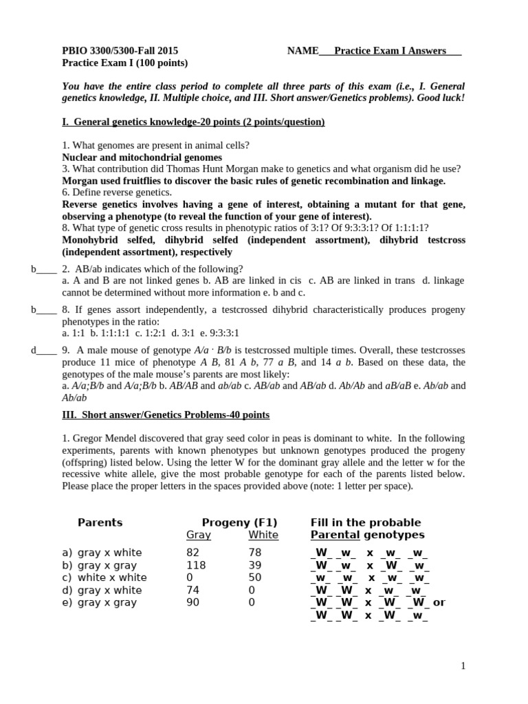 Genetics Practice Exam I Answers | PDF | Dominance (Genetics) | Genetic ...