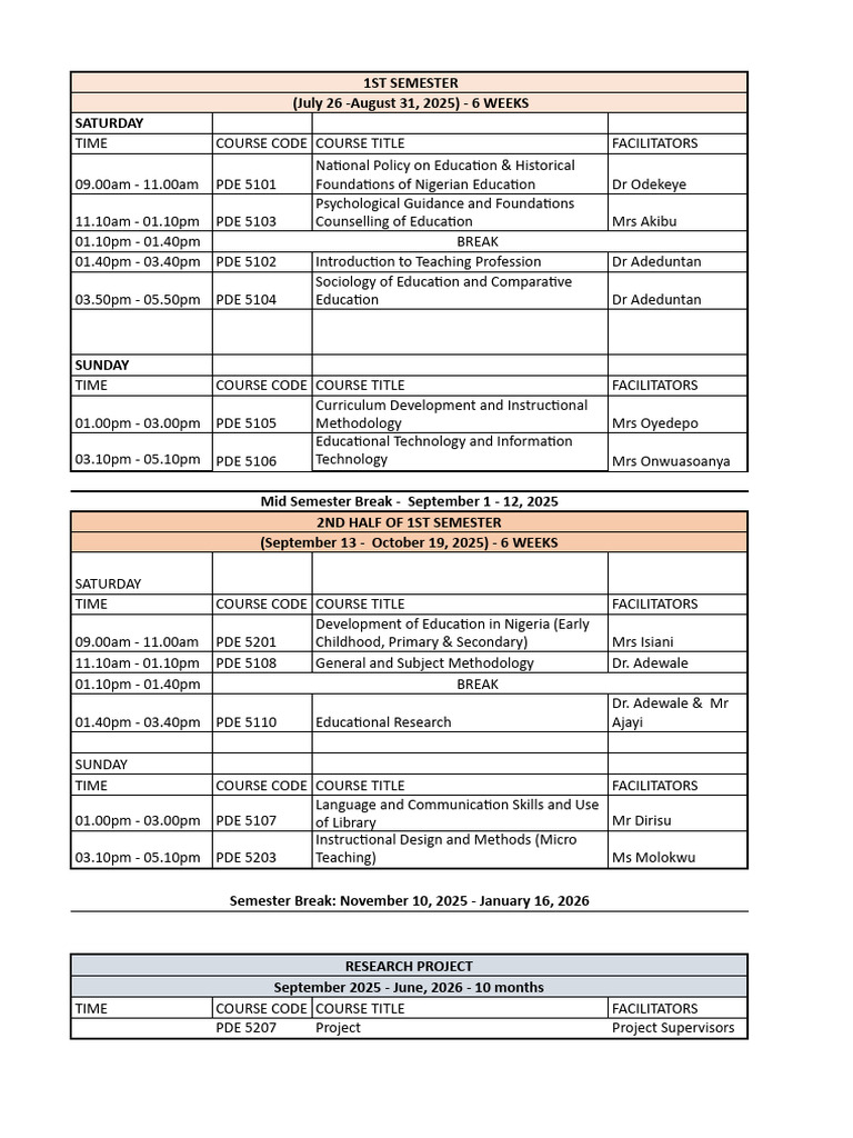 Pde July 2025 - 2026 Cohort Timetable 1st Semester | PDF | Academic ...