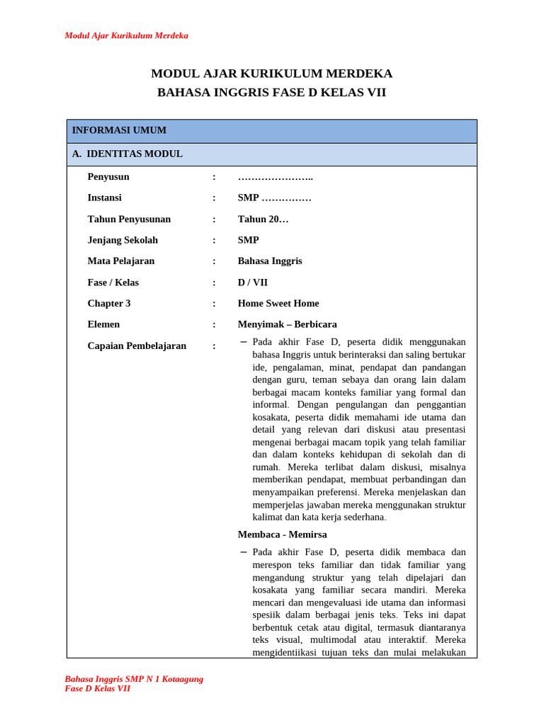 UNIT 3 Modul Ajar Bahasa Inggris Kelas 7 | PDF