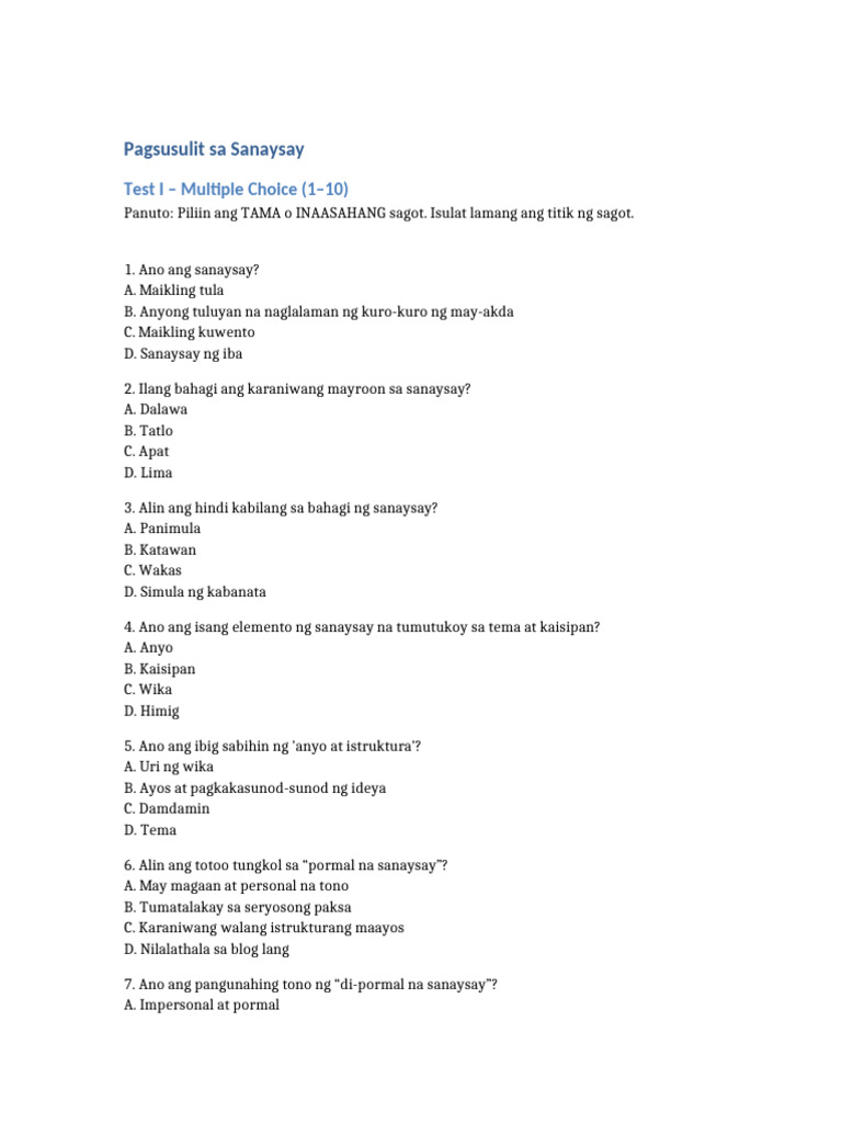 g8 Filipino Quiz | PDF