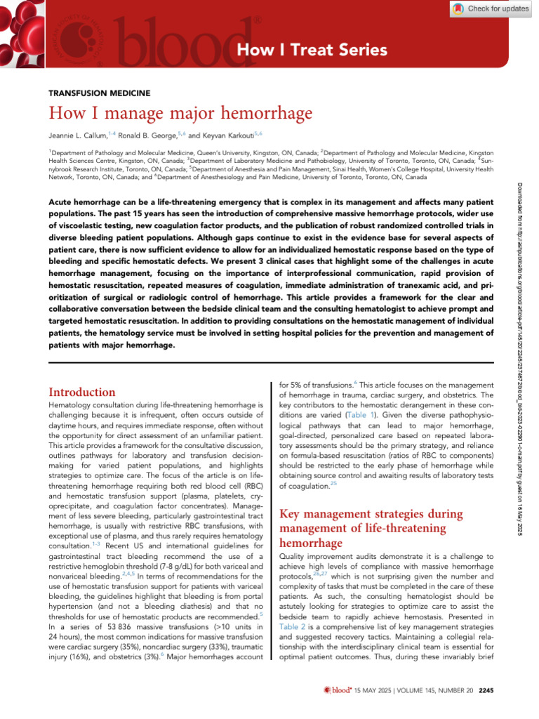 Managing Major Hemorrhage in Patients | PDF | Bleeding | Hemostasis