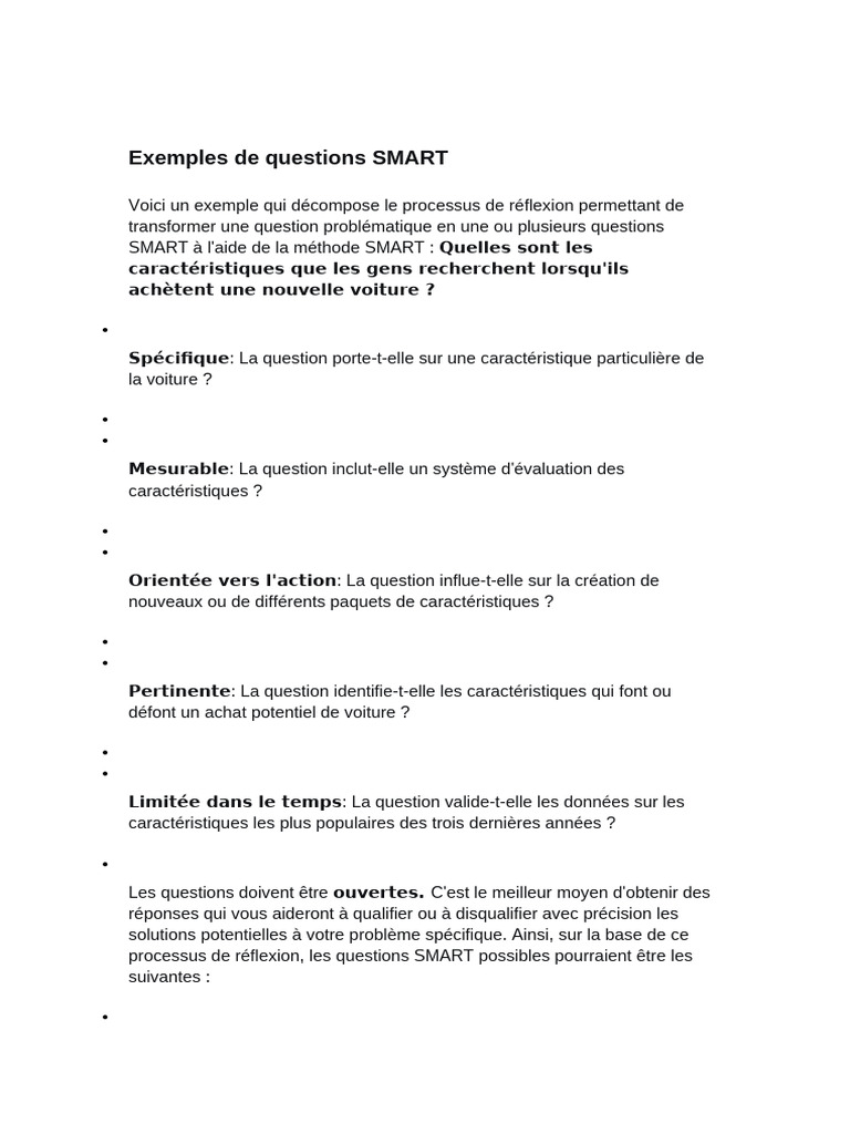 Questions SMART pour l'achat de voiture | PDF
