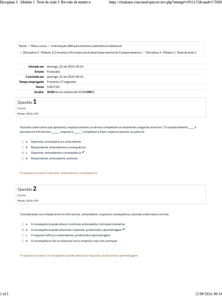 Teste de Comportamento ABA: Aula 3 | PDF | Comportamento | Aprendizado