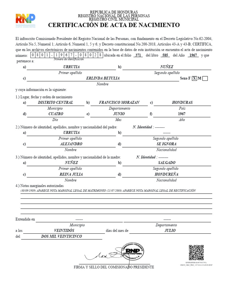 Certificación de Acta de Nacimiento en Honduras | PDF | Certificado de ...