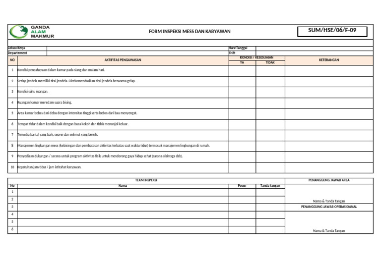 Formulir Inspeksi Kesehatan Mess Karyawan | PDF