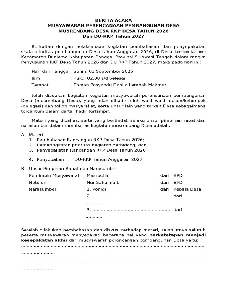 Musrenbang Desa RKP 2026 Lembah Makmur | PDF