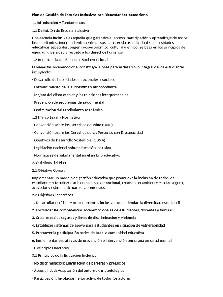 Plan de Gestión Escolar Inclusiva y Bienestar | PDF | Salud mental ...