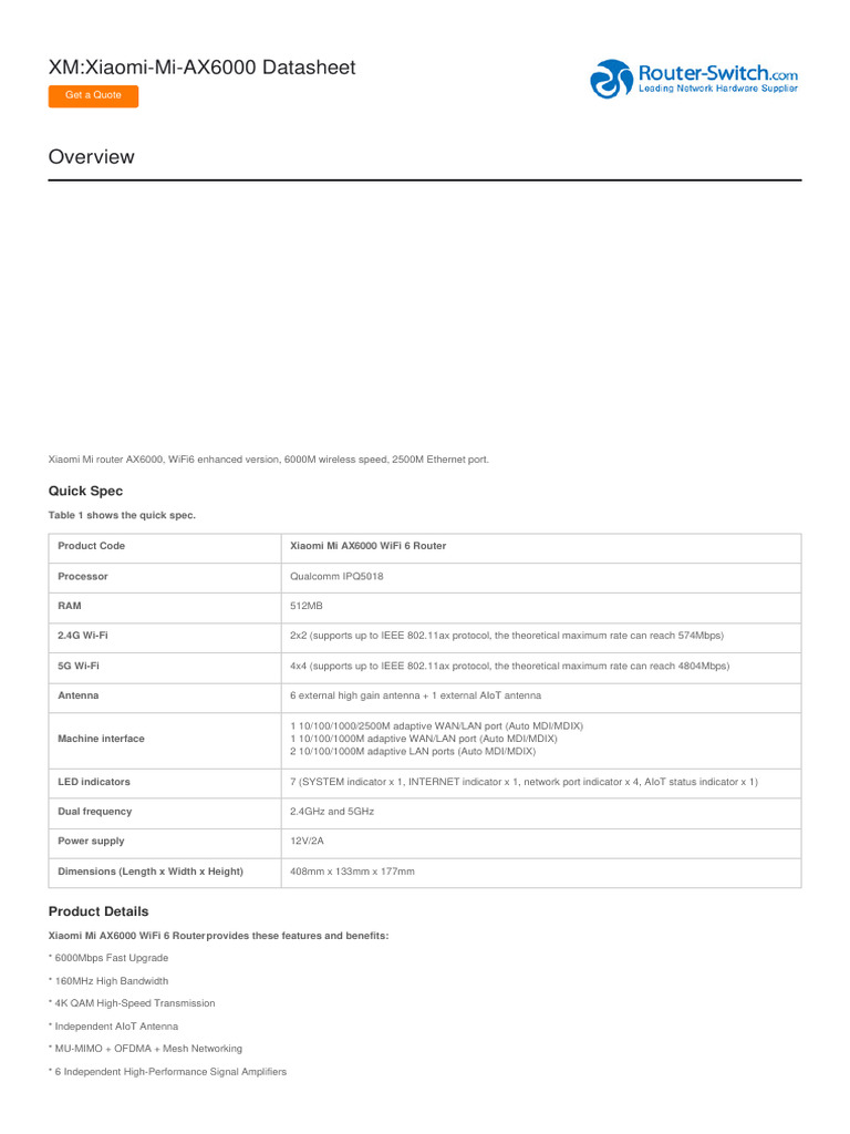 XM Xiaomi Mi Ax6000 Datasheet | PDF | Wi Fi | Computer Network