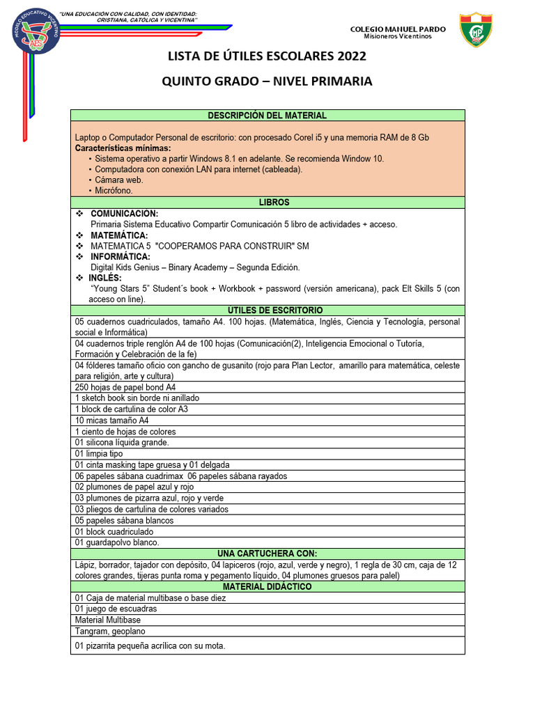 05p Lista de Útiles Escolares 2022 Quinto Grado Primaria | PDF