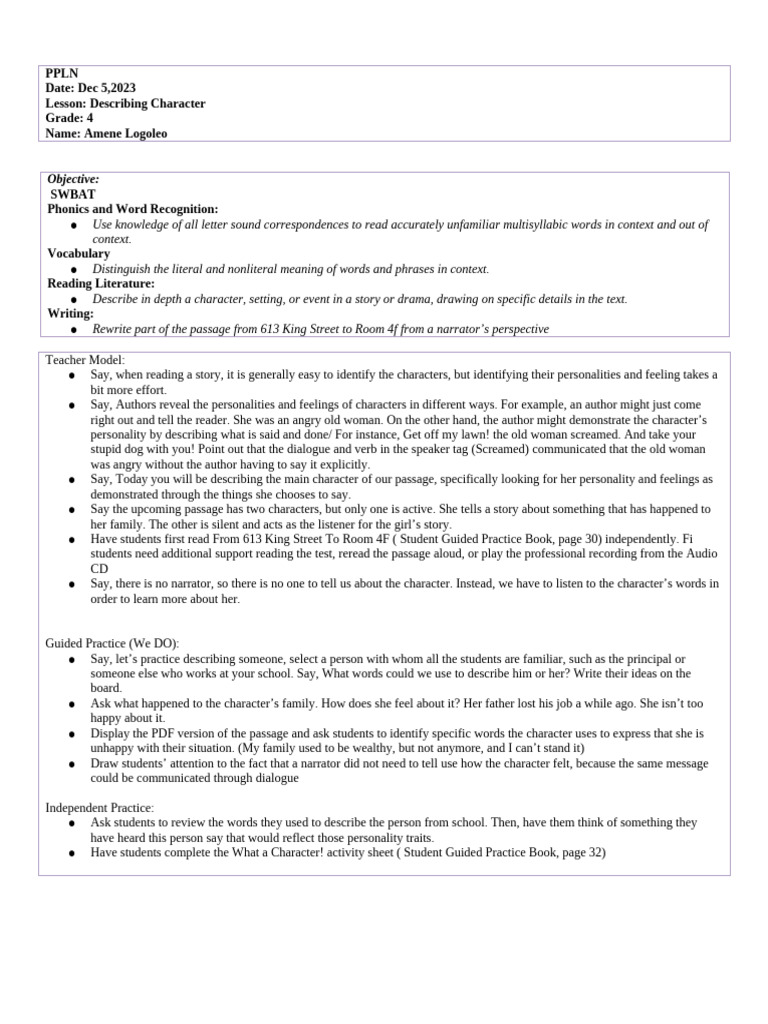 Grade 4 Character Description Lesson | PDF | Cognitive Science | Human ...