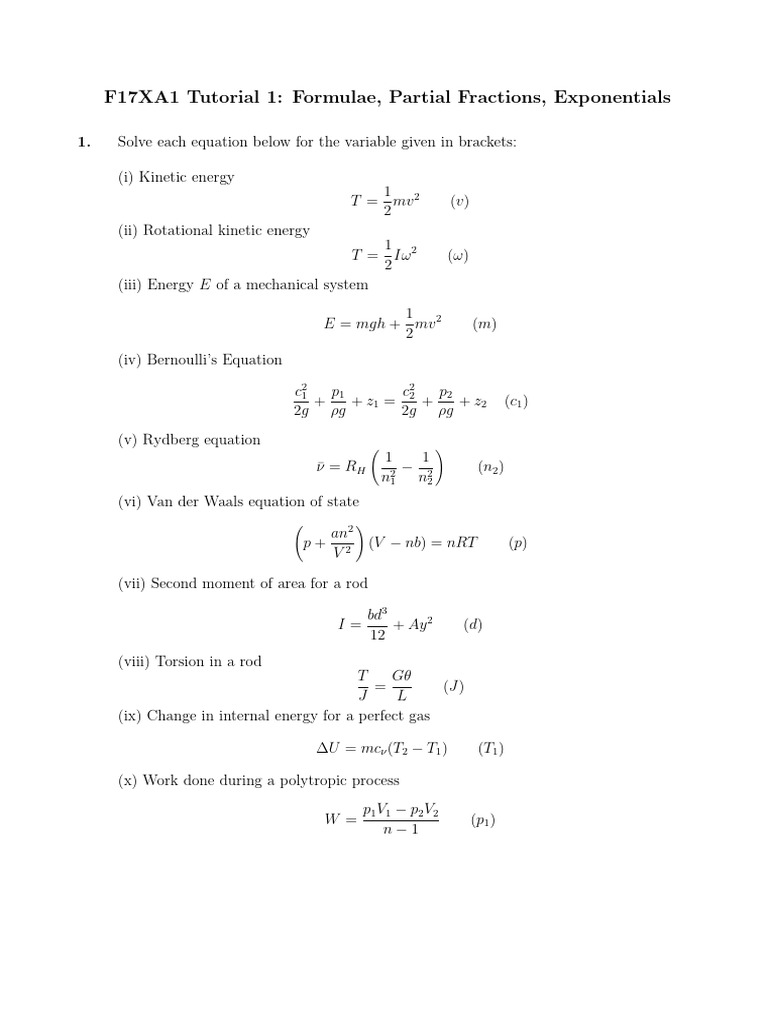 F17XA1: Equations & Partial Fractions Guide | PDF | Physics | Chemistry