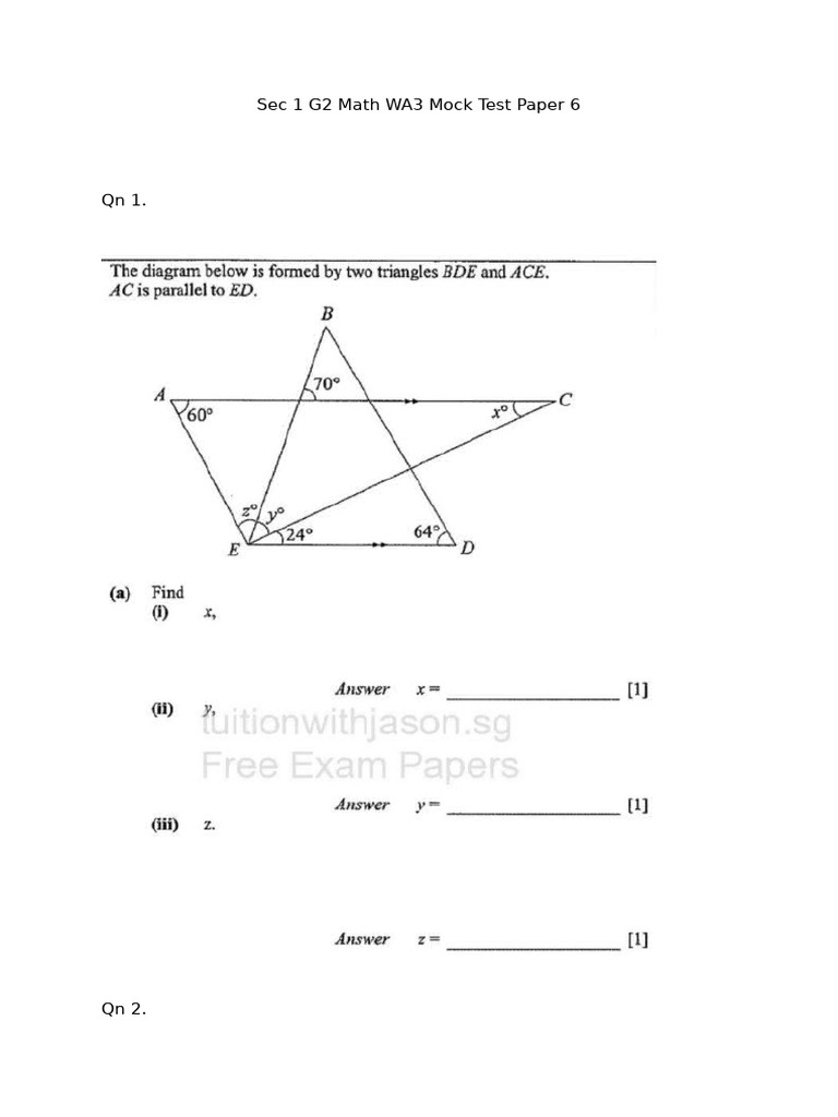 Sec 1 G2 Math WA3 Mock Test Paper 6 | PDF