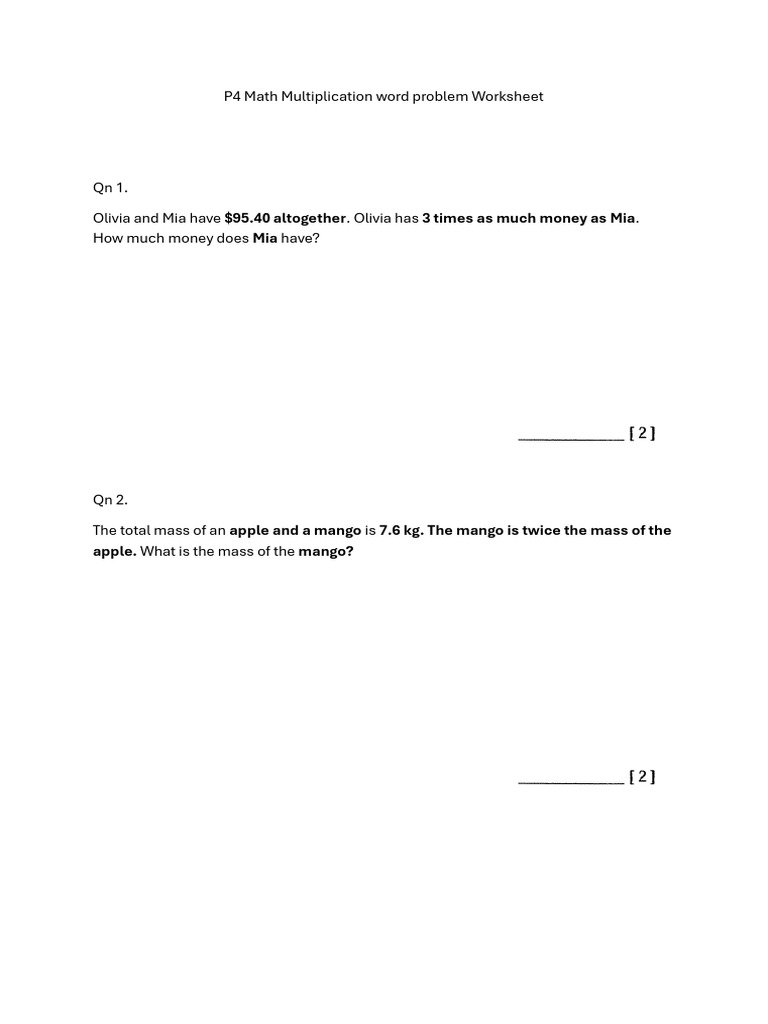P4 Math Multiplication Word Problems | PDF
