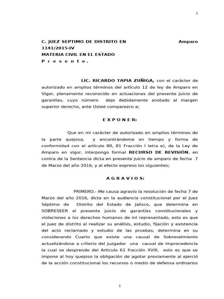 Recurso de Revisión en Amparo Civil | PDF | Sentencia (ley) | Judicaturas