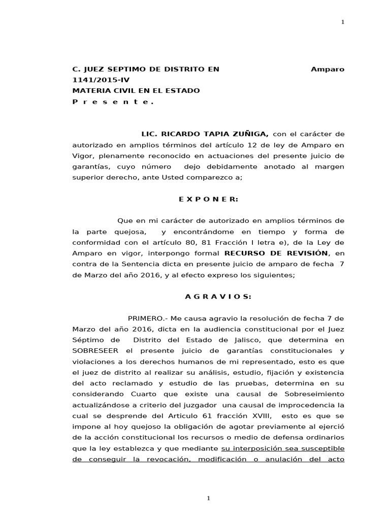 Recurso de Revisión en Amparo 1141/2015 | PDF | Sentencia (ley) | Juez