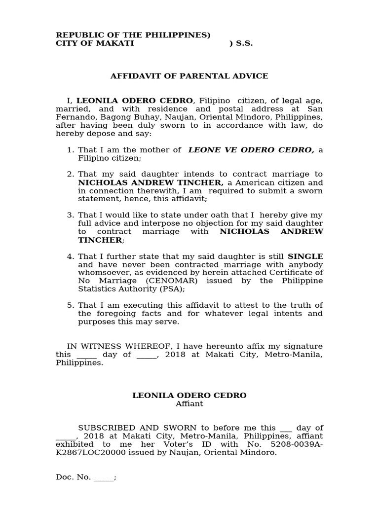 Affidavit of Parental Advice for Marriage | PDF | Affidavit | Legal ...