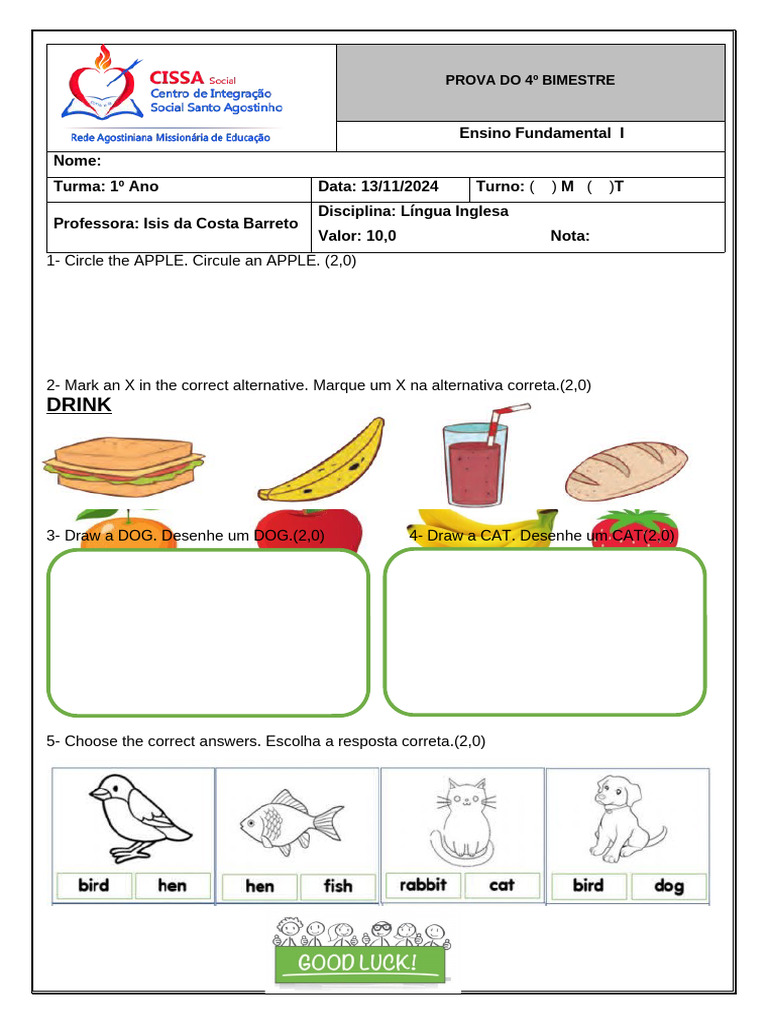 Prova de Língua Inglesa 1º Ano | PDF