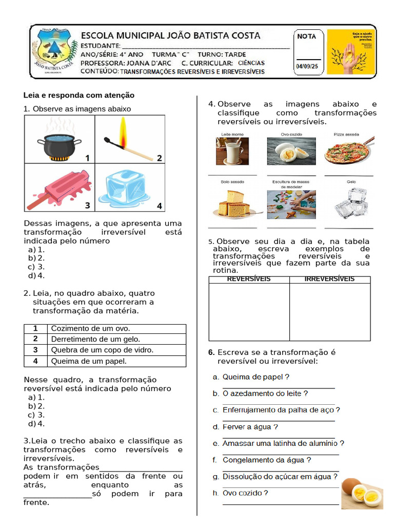 Transformações Reversíveis e Irreversíveis 4º Ano | PDF | Chocolate