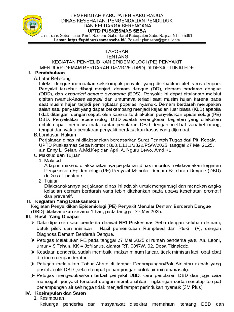 Penyelidikan Epidemiologi DBD di Titinalede | PDF