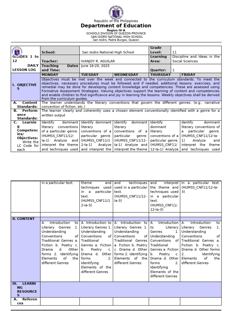 Grade 11 Daily Lesson Log: Social Sciences | PDF | Genre | Learning