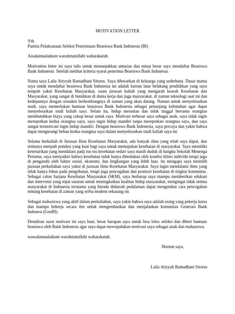 Motivation Letter Beasiswa | PDF