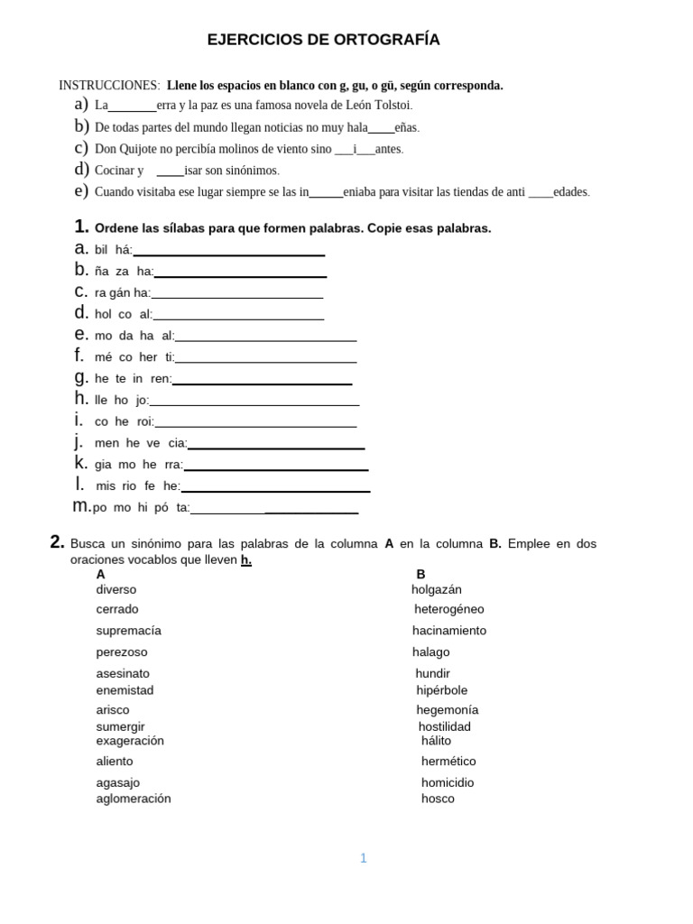 Ejercicios de Ortografía para Imprimir | PDF