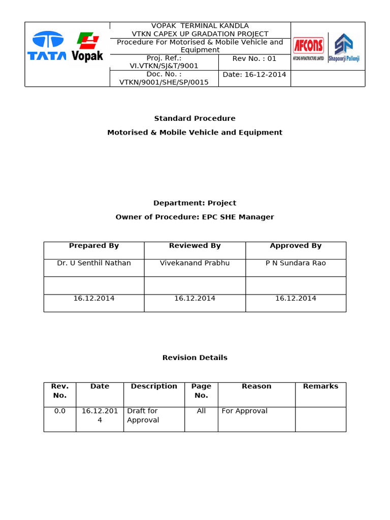 Vopak Kandla Vehicle Operation Procedure | PDF | Vehicles | Truck