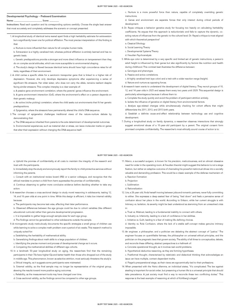 BLEPP 2025 Developmental Psychology Test | PDF | Nature Versus Nurture ...