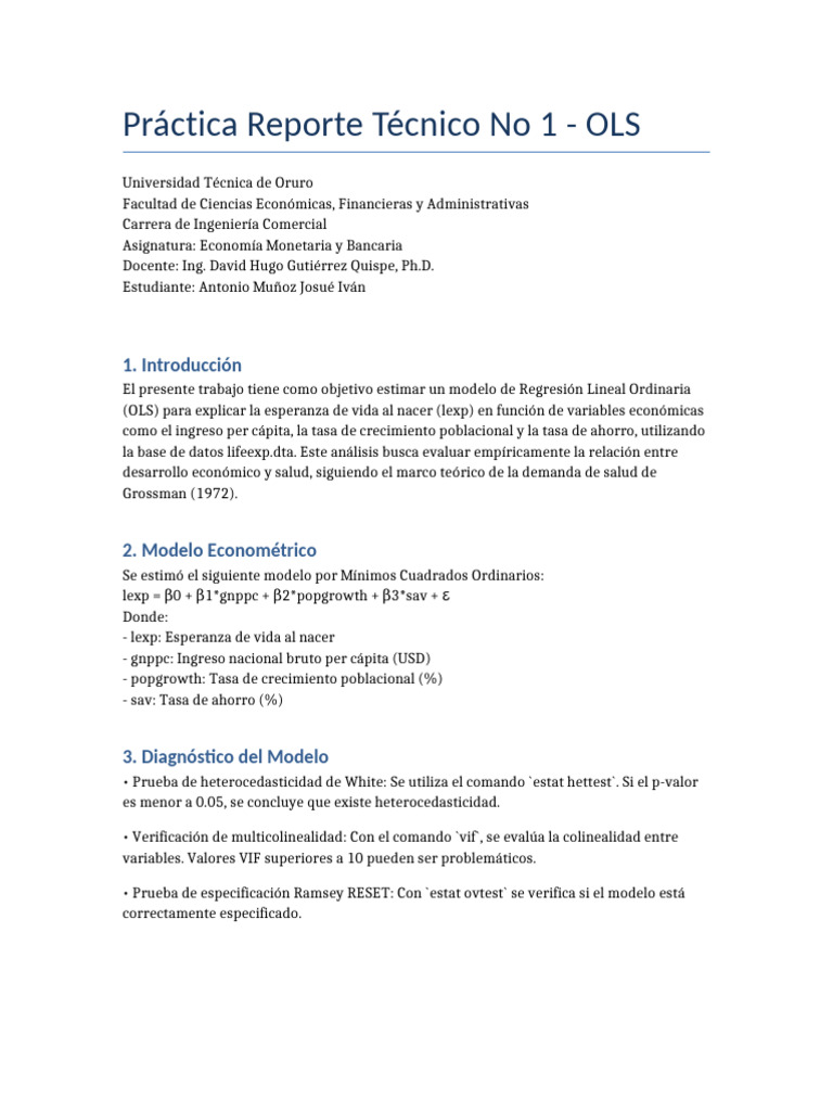 Modelo OLS: Esperanza de Vida y Economía | PDF