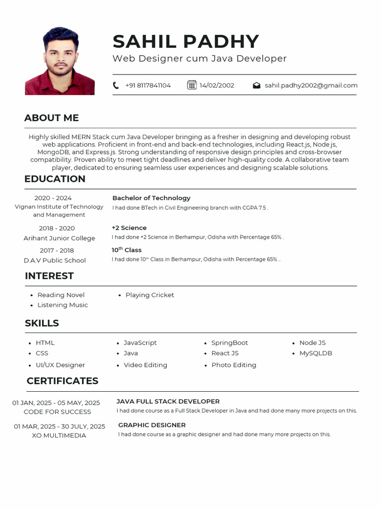 MERN Stack & Java Developer Resume | PDF