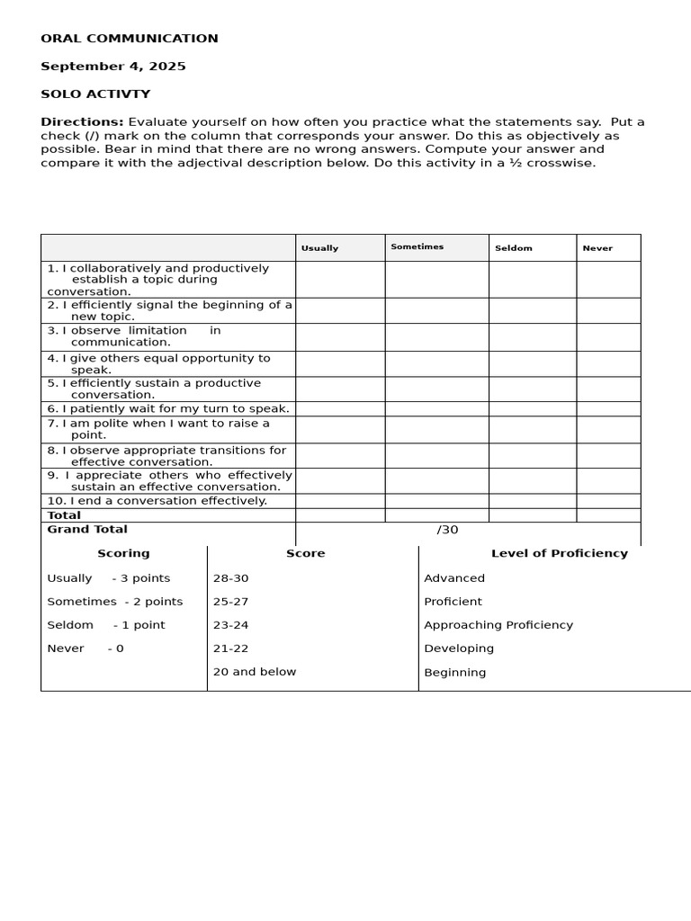 Self-Evaluation of Oral Communication Skills | PDF
