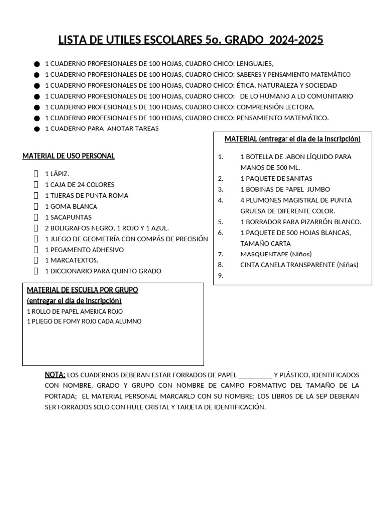 Lista de Útiles Escolares 5° Grado 2024-2025 | PDF