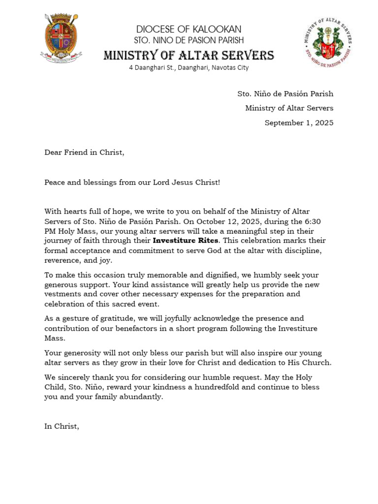 Support for Altar Servers' Investiture | PDF