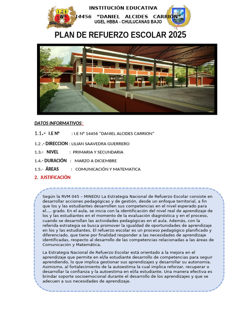 Plan de Refuerzo Escolar 2025 I.E. 14456 | PDF | Aprendizaje | Evaluación