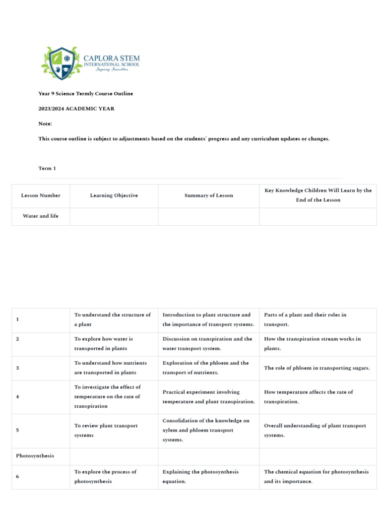 Year 9 Science Course Outline 2023-2024 | PDF | Earth | Reaction Rate