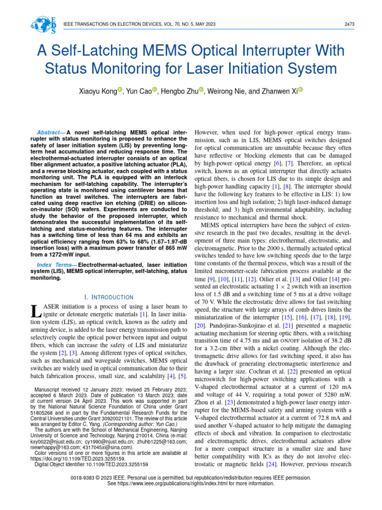 Self-Latching MEMS Optical Interrupter | PDF | Optical Fiber | Electronics