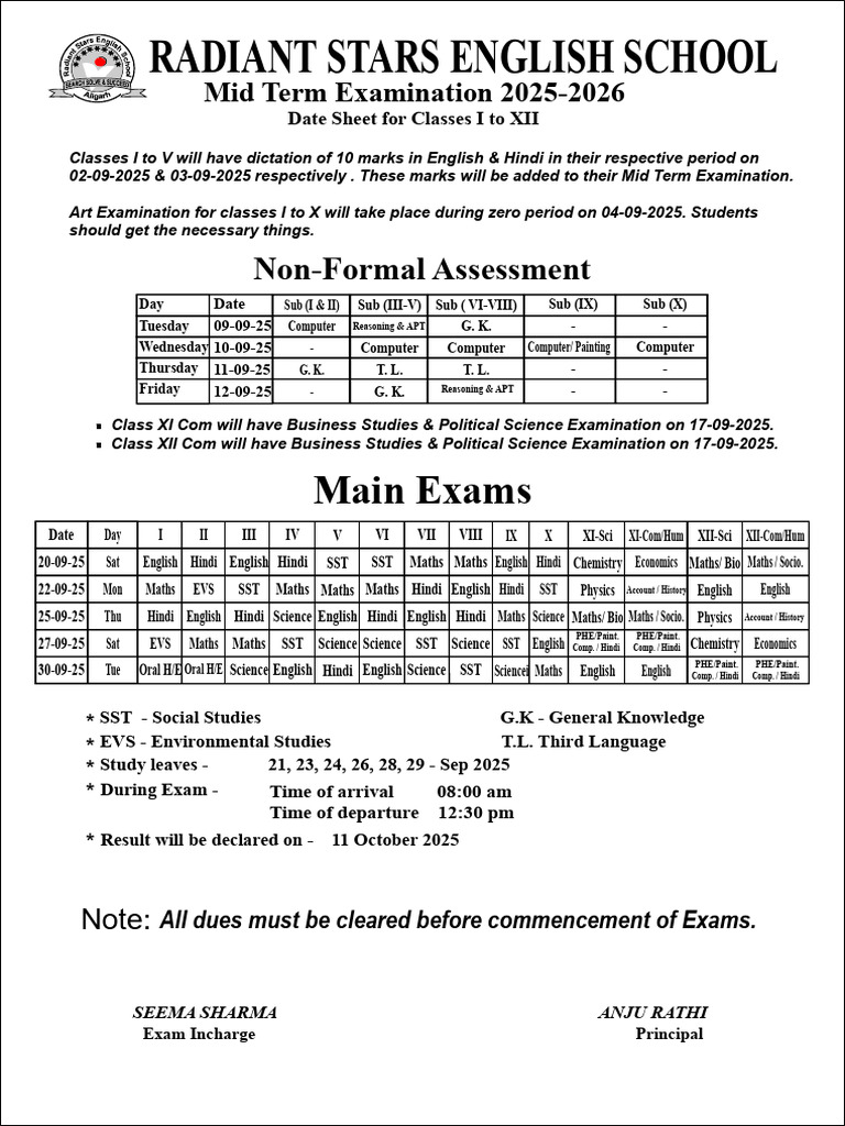 Mid Term Exam Date Sheet 2025 | PDF | Science