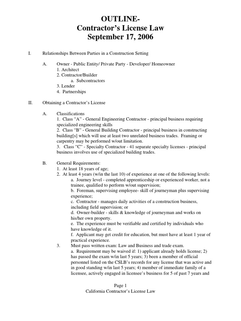 Class 1 Contractors License Law PDF General Contractor Journeyman