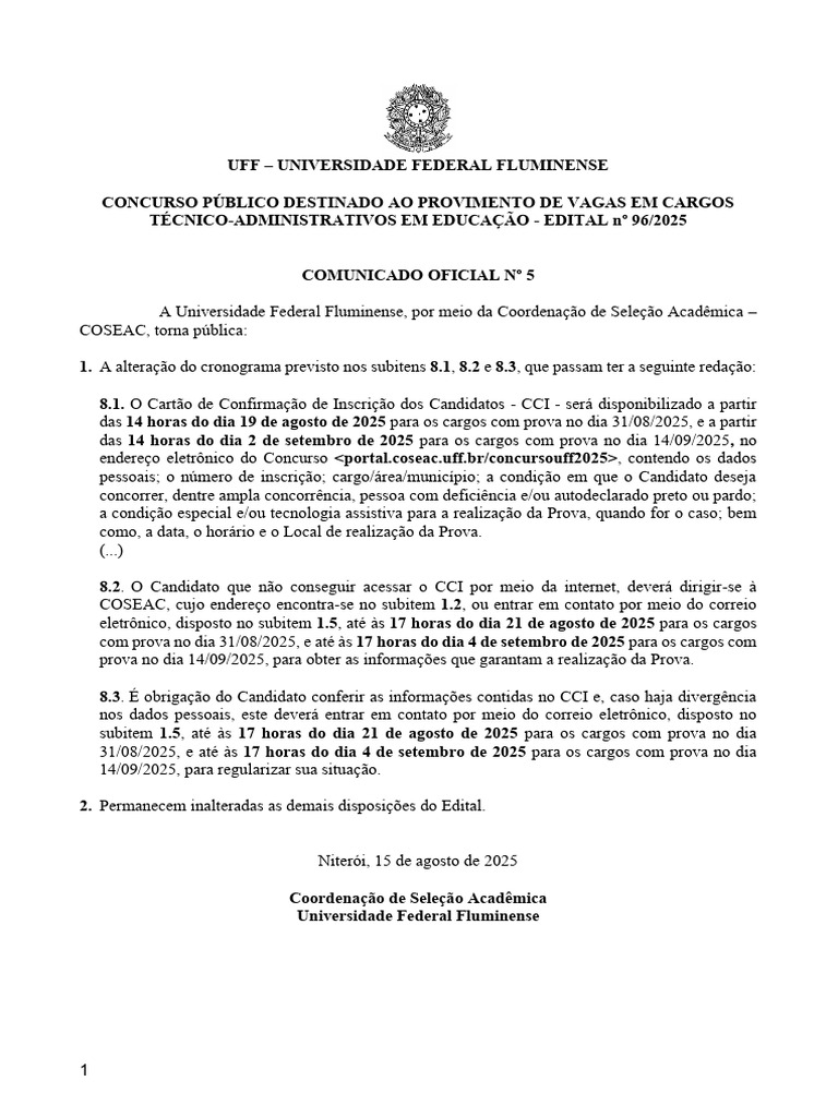 Alteração no Cronograma do Concurso UFF | PDF