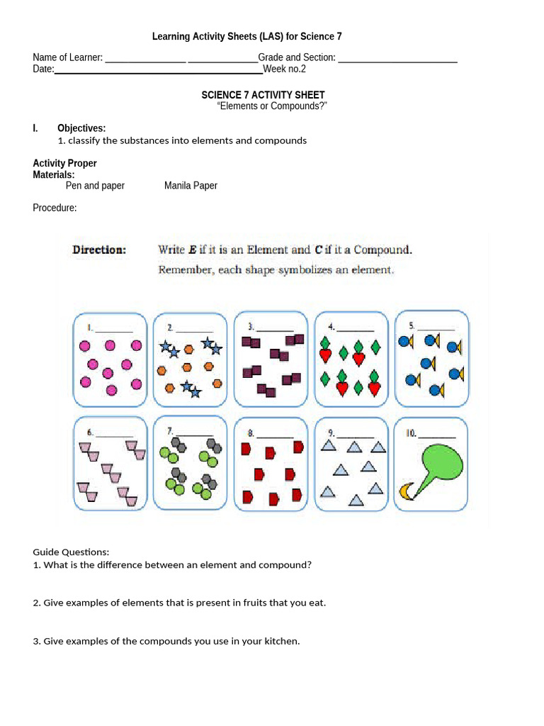 Science 7 LAS: Elements vs. Compounds | PDF