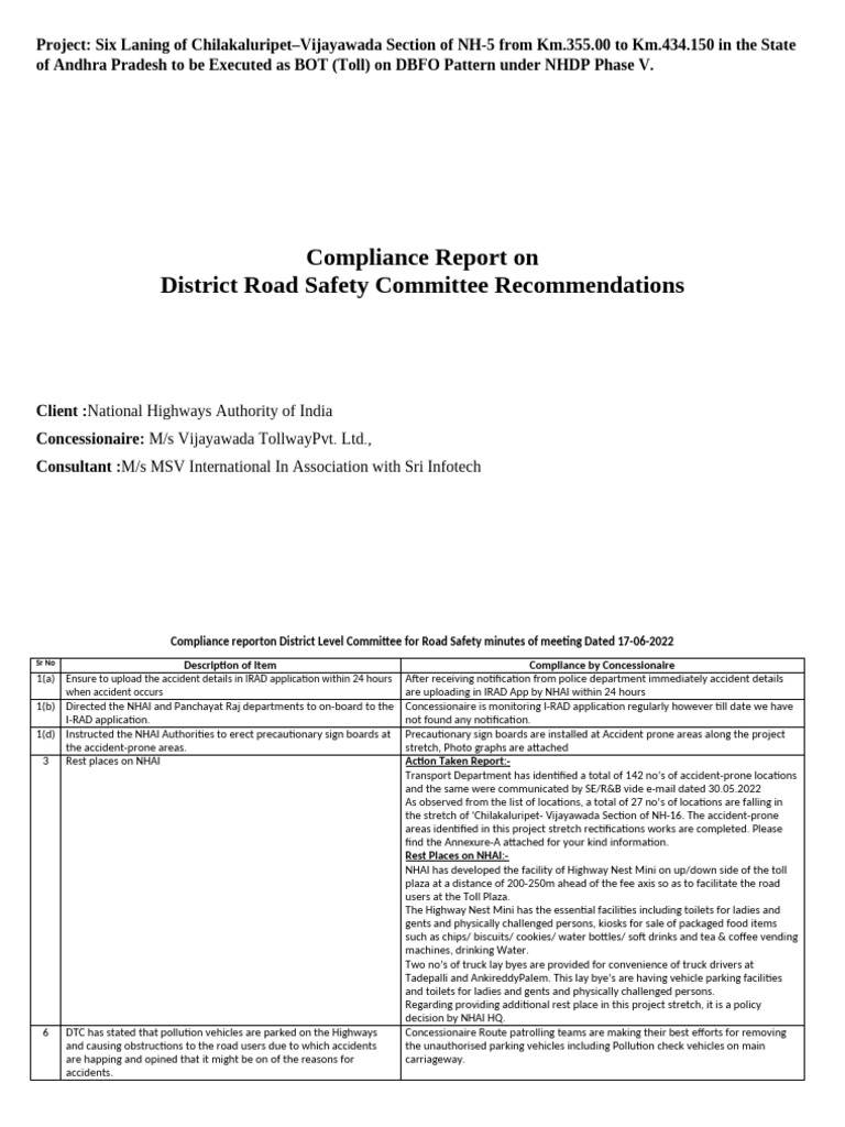 Compliance Report on Road Safety Measures | PDF | Road | Land Transport