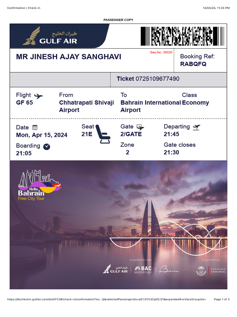 Gulf Air Check-in Confirmation Details | PDF | Hotel | Hospitality Industry
