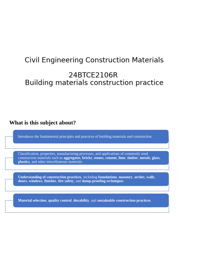 Civil Engineering Construction Materials 24BTCE2106R Building Materials ...