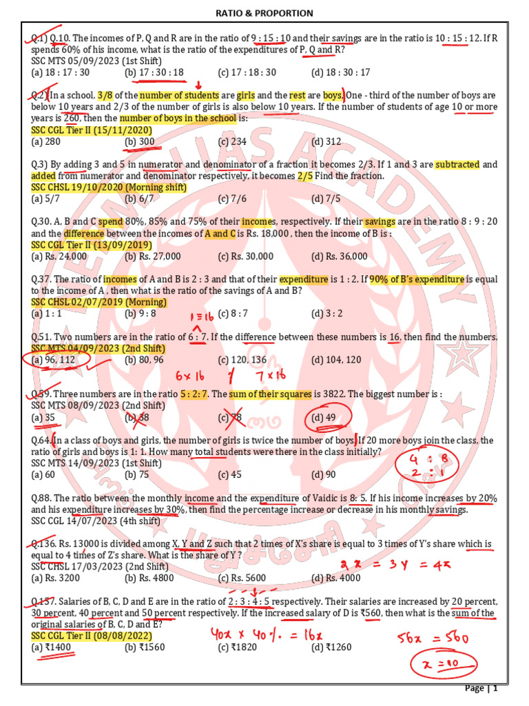 Ratio and Proportion Problem Set | PDF | Arithmetic | Mathematics