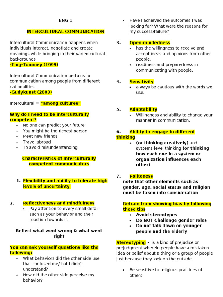 Midterm Eng 1 | PDF | Communication | Cross Cultural Communication