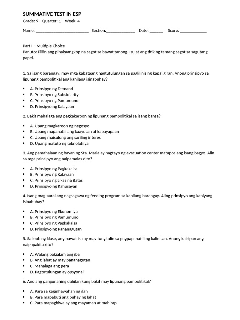 Summ - Test Esp 9 q1 w4 | PDF