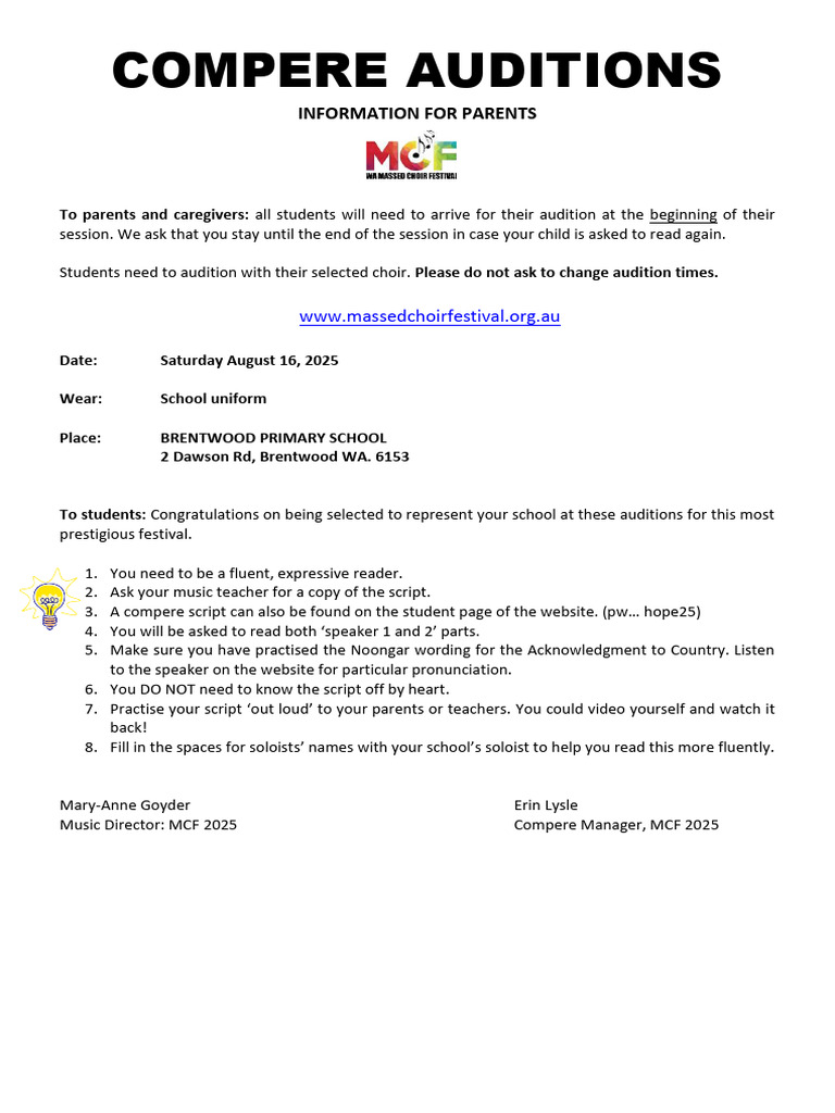 Compere Audition Times For Parents With Letter | PDF