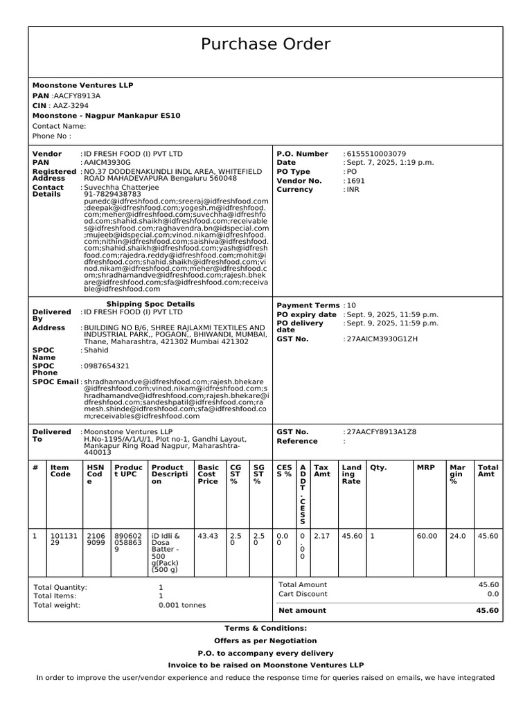 Purchase Order for ID Fresh Food | PDF