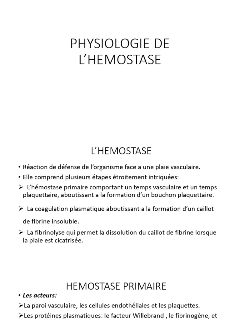 Physiologie de L'hemostase | PDF | Coagulation | Hémostasie