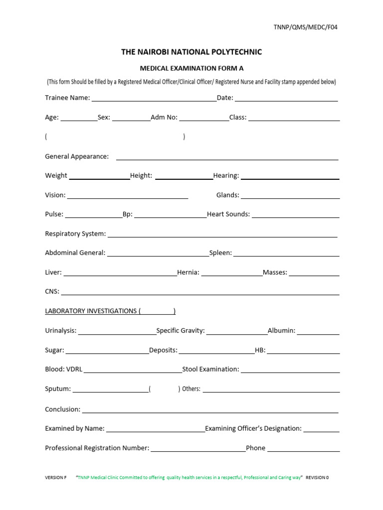 Medical Examination Form for Trainees | PDF